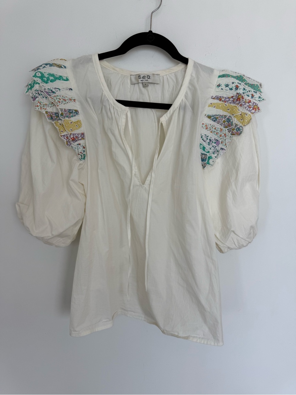 Sea New York Linden Quilted Patchwork Puff-Sleeve Top Size Small - Picture 3 of 7